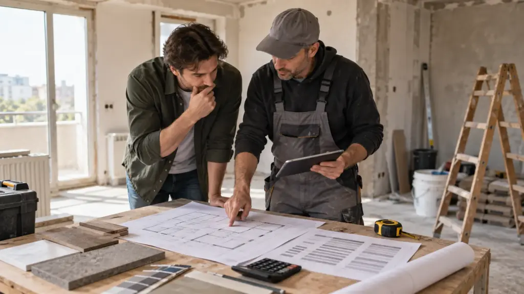Proprietar și constructor care compară un deviz pentru renovarea locuinței