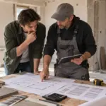 Proprietar și constructor care compară un deviz pentru renovarea locuinței