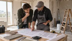 Proprietar și constructor care compară un deviz pentru renovarea locuinței