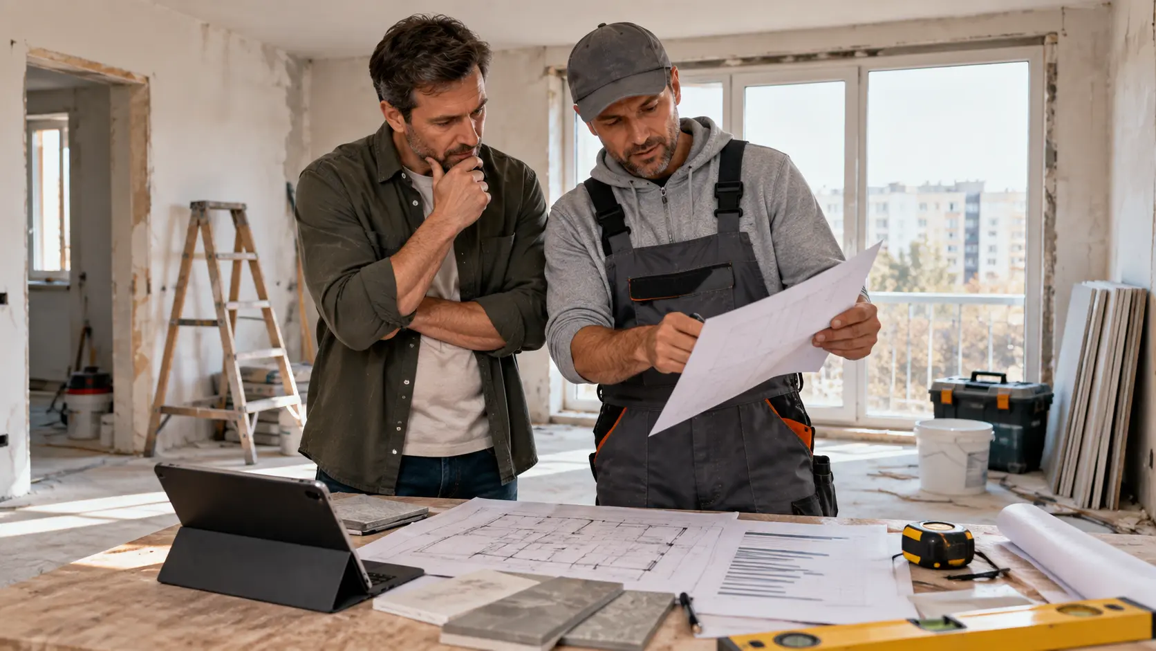 Specialist care măsoară o cameră și notează materialele necesare renovării